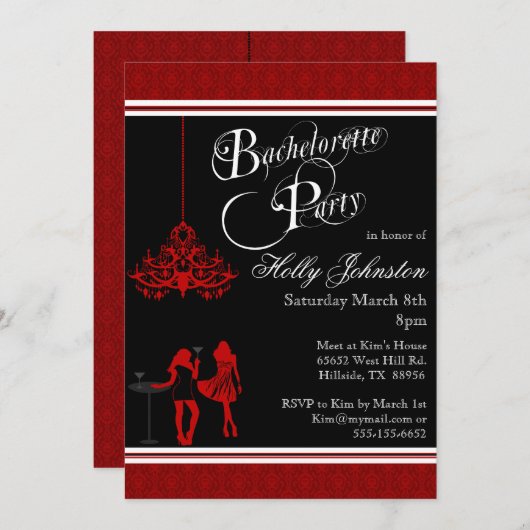 黒くおよび赤いダマスク織のシャンデリアのバチェロレッテ 招待状 (正面/裏面)