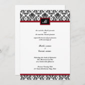 黒くおよび赤いダマスク織のモノグラムの結婚式招待状 招待状 (正面/裏面)