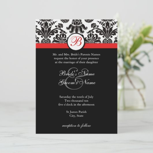 黒くおよび赤いダマスク織の結婚式招待状 招待状 (スタンド正面)