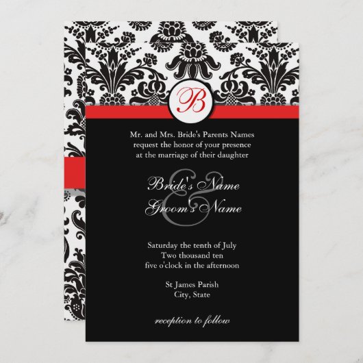 黒くおよび赤いダマスク織の結婚式招待状 招待状 (正面/裏面)