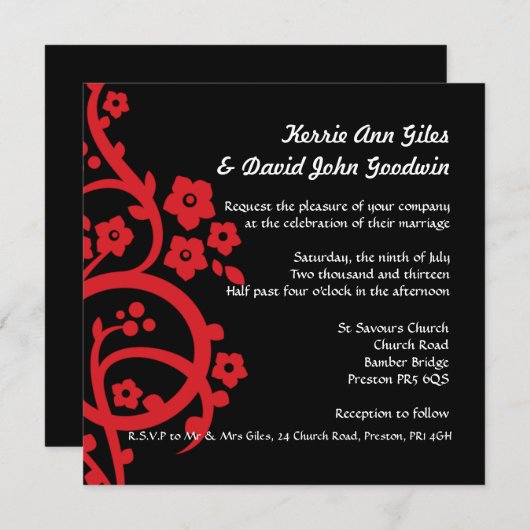 黒くおよび赤い結婚式招待状 招待状 (正面/裏面)