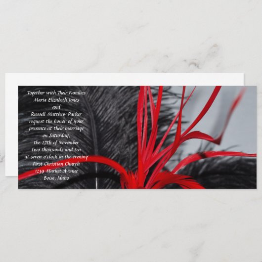 黒くおよび赤い羽の結婚式招待状 招待状 (正面/裏面)