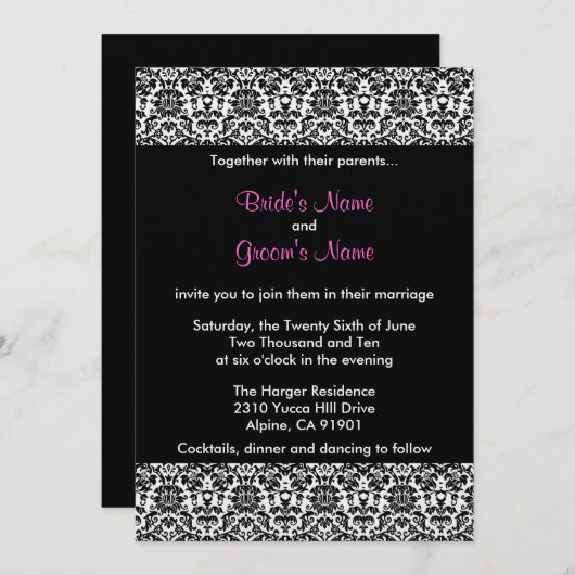 黒くか白いですまたはピンクのダマスク織の結婚式招待状 招待状 (正面/裏面)