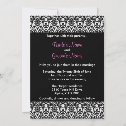 黒くか白いですまたはピンクのダマスク織の結婚式招待状 招待状 (正面)