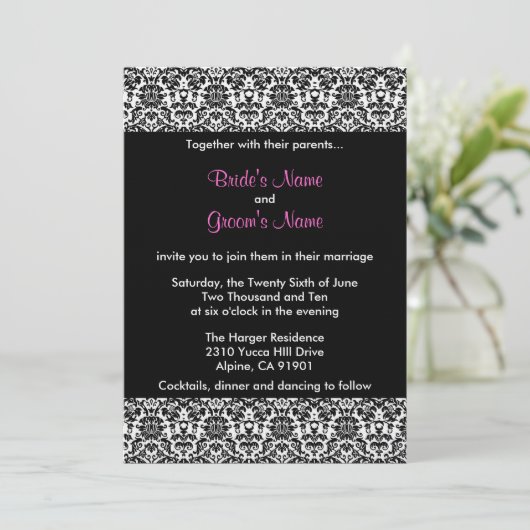 黒くか白いですまたはピンクのダマスク織の結婚式招待状 招待状 (スタンド正面)