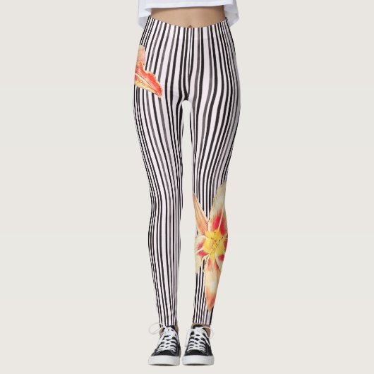 黒くか白い縦ストライプのオレンジによってはヨガが開花します レギンス (正面)