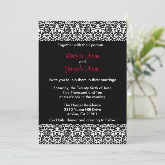 黒くか白くまたは赤いダマスク織の結婚式招待状 招待状 (スタンド正面)