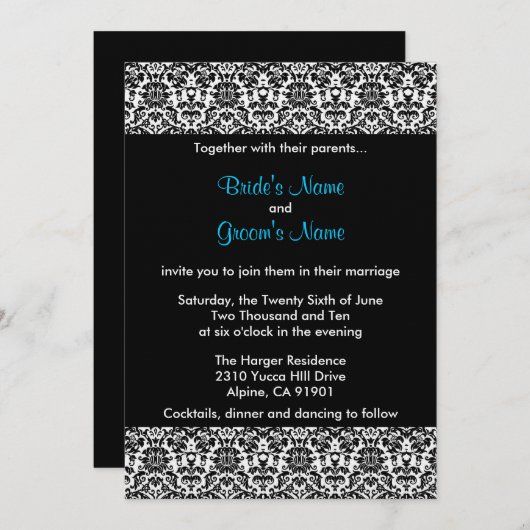 黒くか白くまたは青のダマスク織の結婚式招待状 招待状 (正面/裏面)