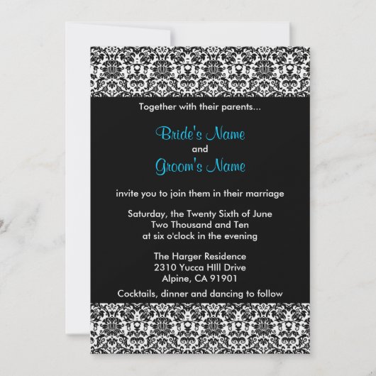 黒くか白くまたは青のダマスク織の結婚式招待状 招待状 (正面)