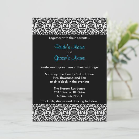 黒くか白くまたは青のダマスク織の結婚式招待状 招待状 (スタンド正面)