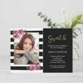 黒くストライプのな花の菓子16の誕生日の招待状 招待状 (スタンド正面)