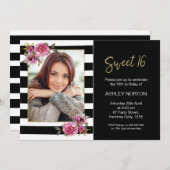 黒くストライプのな花の菓子16の誕生日の招待状 招待状 (正面/裏面)