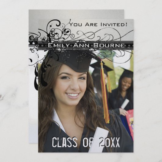 黒くファンキーでエレガントな渦巻の卒業の招待 招待状 (正面/裏面)