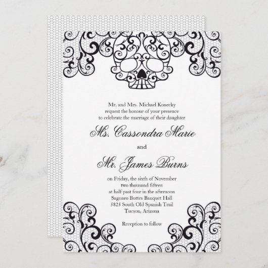 黒くファンシーなレースのスカルの結婚式招待状 招待状 (正面/裏面)