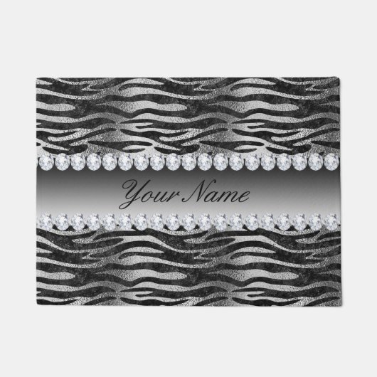 黒くフェイクなホイルのシマウマは銀で縞で飾ります ドアマット (正面)