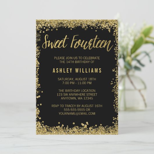 黒くフェイクな金ゴールドのグリッターの菓子の第14誕生会 招待状 (スタンド正面)