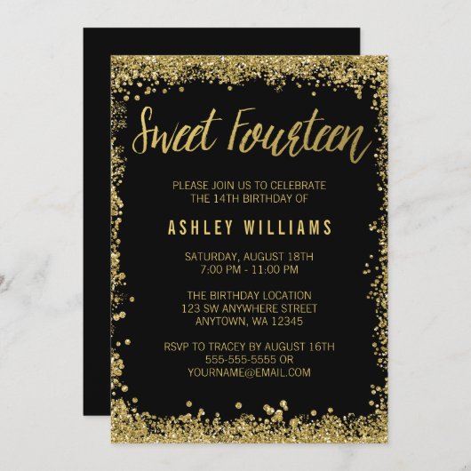 黒くフェイクな金ゴールドのグリッターの菓子の第14誕生会 招待状 (正面/裏面)