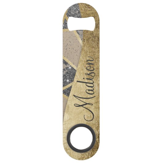 黒くモダンなグリッターのGeoの金ゴールドの三角形のモノグラム スピード栓抜き (正面)