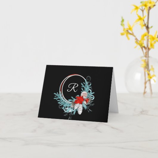 黒くモノグラムのなリースの休日のメッセージカード カード (黄色い花)