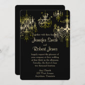 黒く優雅な結婚式招待状の金ゴールドのシャンデリア 招待状 (正面/裏面)