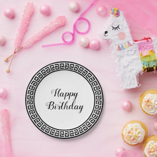 黒く及び白いギリシャ人の鍵のデザインの紙皿 ペーパープレート (パーティー)