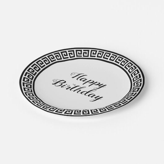 黒く及び白いギリシャ人の鍵のデザインの紙皿 ペーパープレート (アングル)