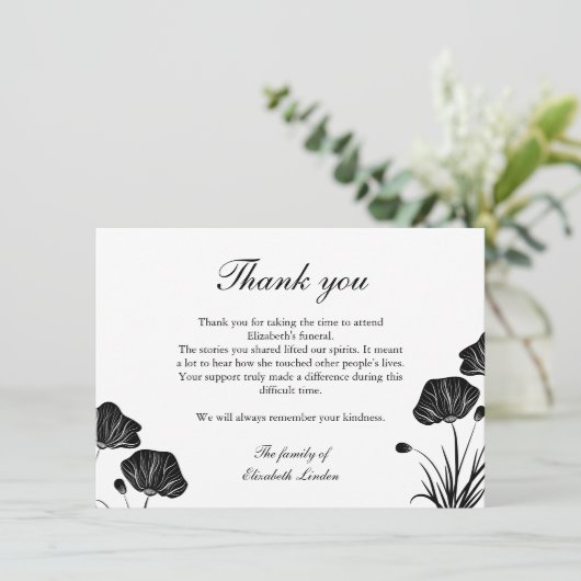 黒く及び白いケシの葬式は感謝していしています サンキューカード (スタンド正面)