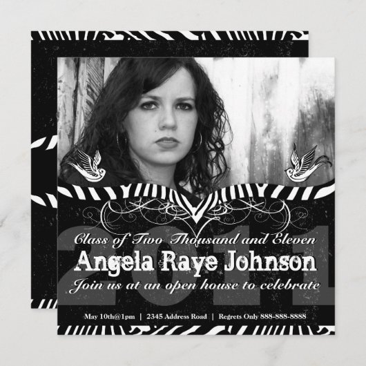 黒く及び白いシマウマのストライプな卒業の招待状 招待状 (正面/裏面)