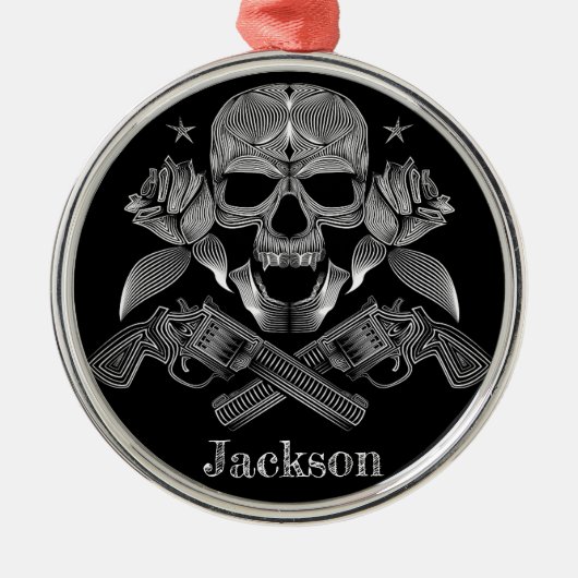 黒く及び白いスカルおよび銃 メタルオーナメント (正面)