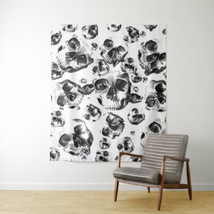 黒く及び白いスカルの骨組スカルの芸術パターン タペストリー