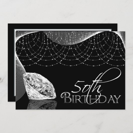 黒く及び白いダイヤモンドの第50誕生日の招待状 招待状 (正面/裏面)
