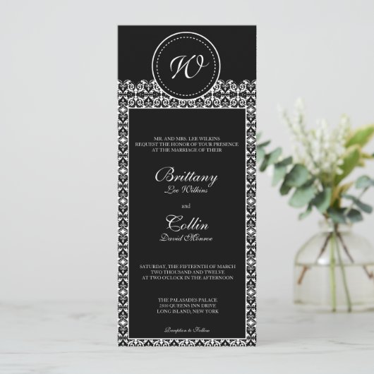 黒く及び白いダマスク織のモノグラムの結婚式招待状 招待状 (スタンド正面)