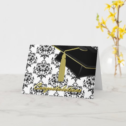 黒く及び白いダマスク織の卒業カード カード (黄色い花)