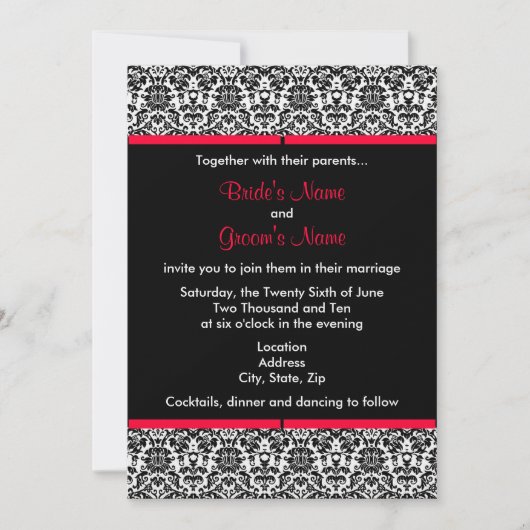 黒く及び白いダマスク織の結婚式招待状 招待状 (正面)