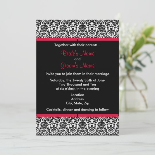 黒く及び白いダマスク織の結婚式招待状 招待状 (スタンド正面)