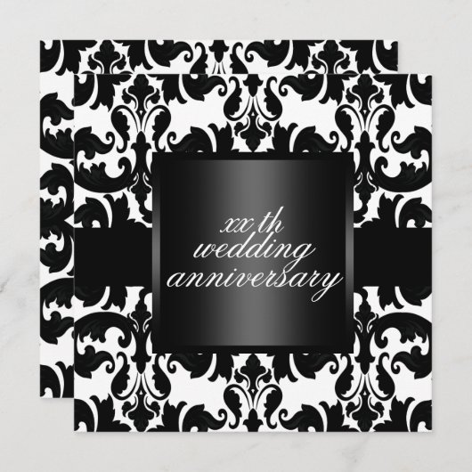 黒く及び白いダマスク織の結婚記念日の招待 招待状 (正面/裏面)