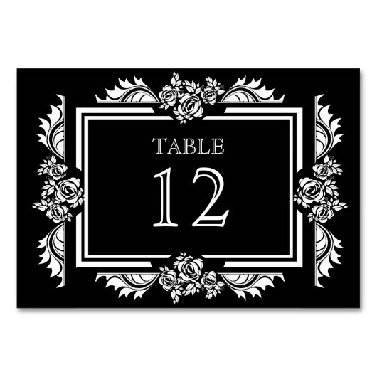 黒く及び白いダマスク織バラのテーブル数カード テーブルナンバー (正面)