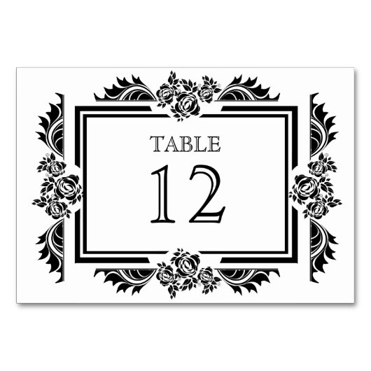 黒く及び白いダマスク織バラのテーブル数カード テーブルナンバー (正面)