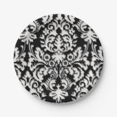 黒く及び白いダマスク織パターン ペーパープレート (正面)
