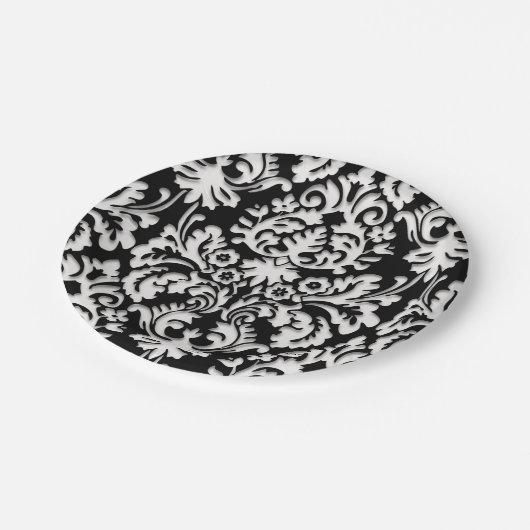 黒く及び白いダマスク織パターン ペーパープレート (アングル)