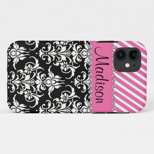 黒く及び白いダマスク織/ピンクの柄のラインストーンの箱 Case-Mate iPhoneケース (裏面(横))