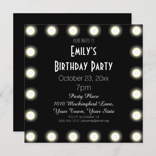 黒く及び白いハリウッドのテーマの誕生会 招待状 (正面/裏面)