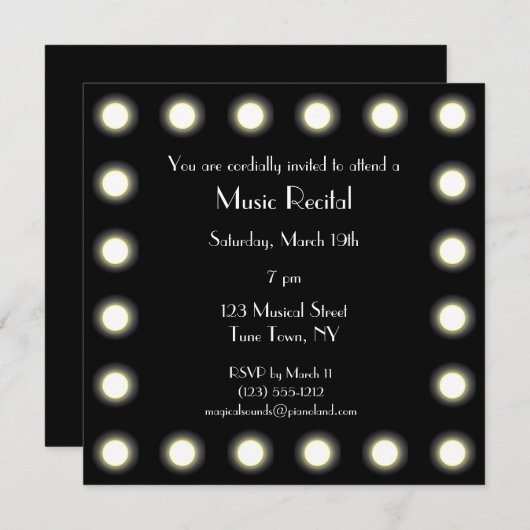 黒く及び白いハリウッドユニセックスな音楽演奏会 招待状 (正面/裏面)