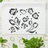 黒く及び白いハートおよび花の皿タオル キッチンタオル (折り畳み)