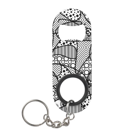 黒く及び白いパターンパッチワーク04 キーホルダー栓抜き (正面)