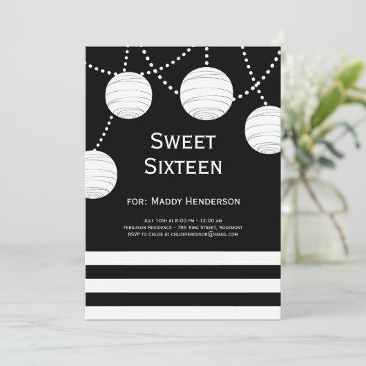 黒く及び白いパーティーのランタンの誕生日の招待状 招待状 (スタンド正面)