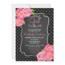 黒く及び白いピンクの花のベビーシャワーの招待状