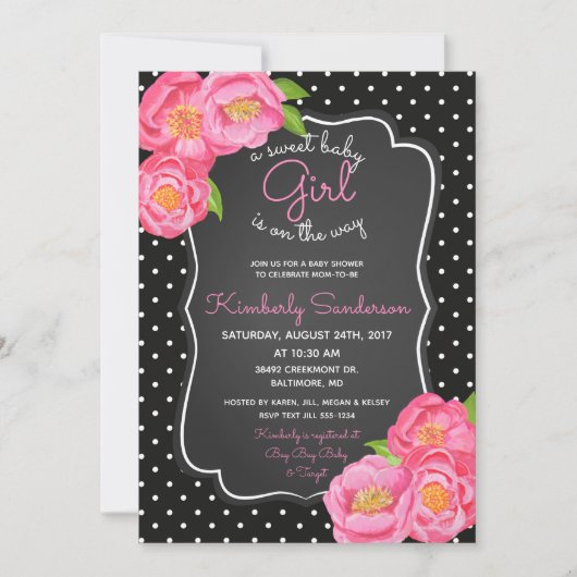黒く及び白いピンクの花のベビーシャワーの招待状 招待状 (正面)