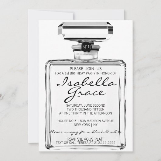 黒く及び白いファッションのテーマの第1誕生会 招待状 (正面)