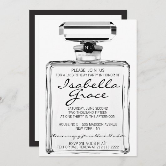 黒く及び白いファッションのテーマの第1誕生会 招待状 (正面/裏面)